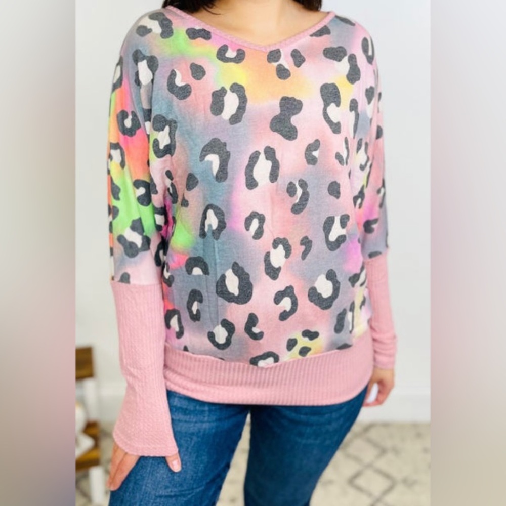 New Leopard Print Long Sleeve Top 2XL animal print w/waffle knit contrast.